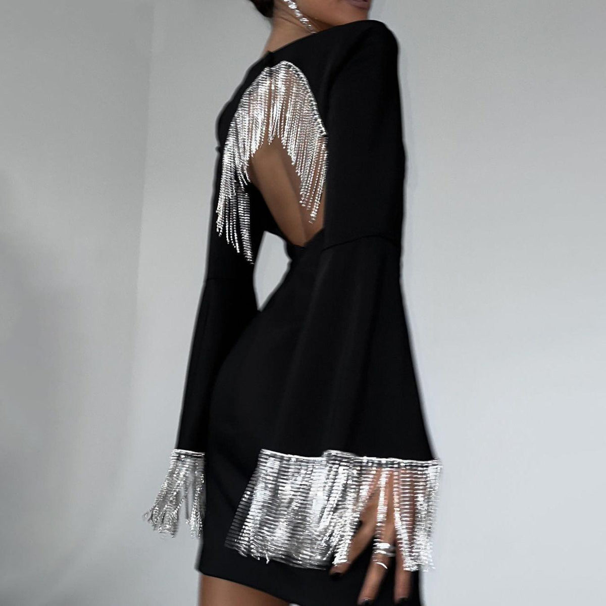 Rhinestone Fringe Open-Back Long-Sleeve Mini Dress 2