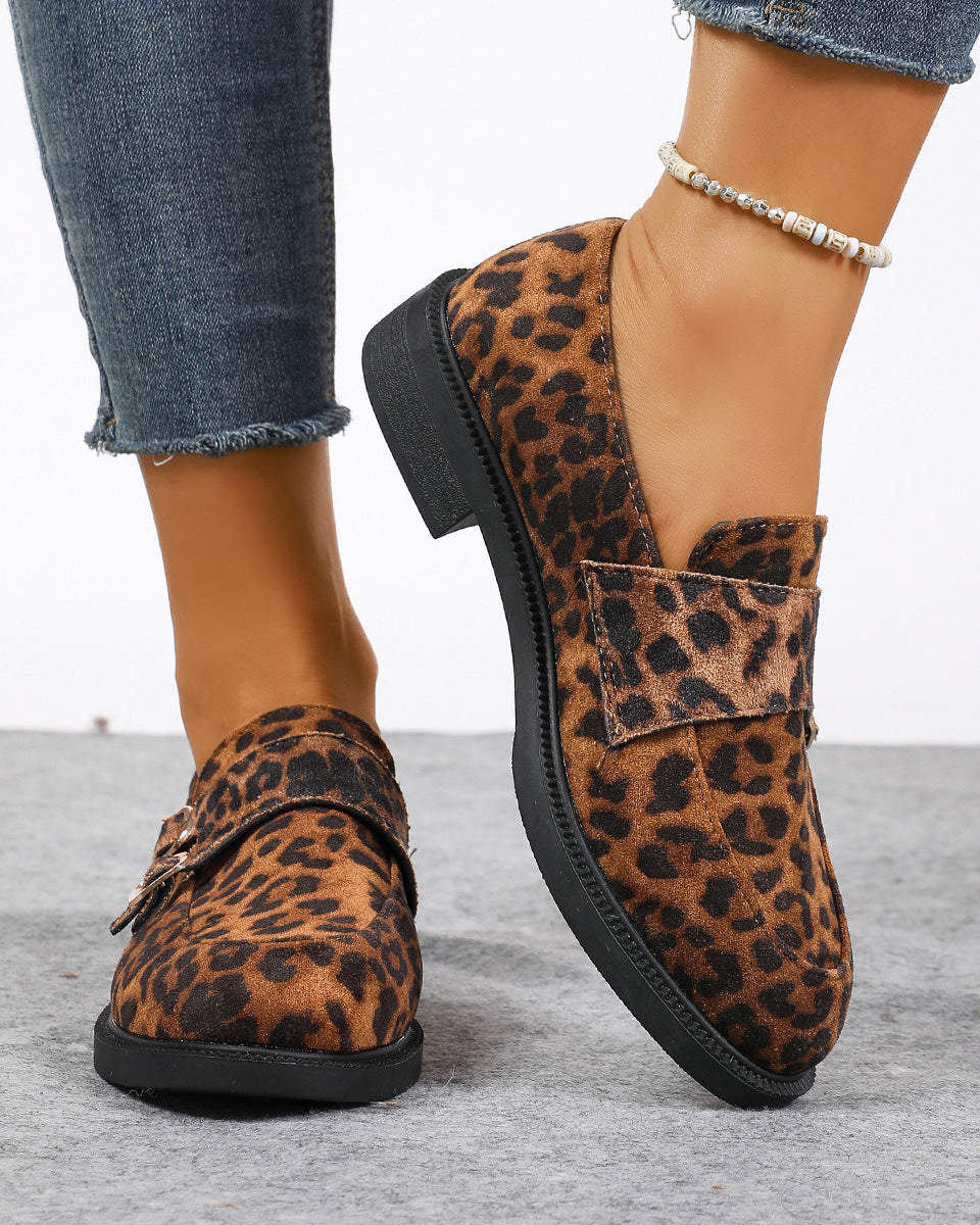 Buckled low-heeled British-style leopard-print loafers