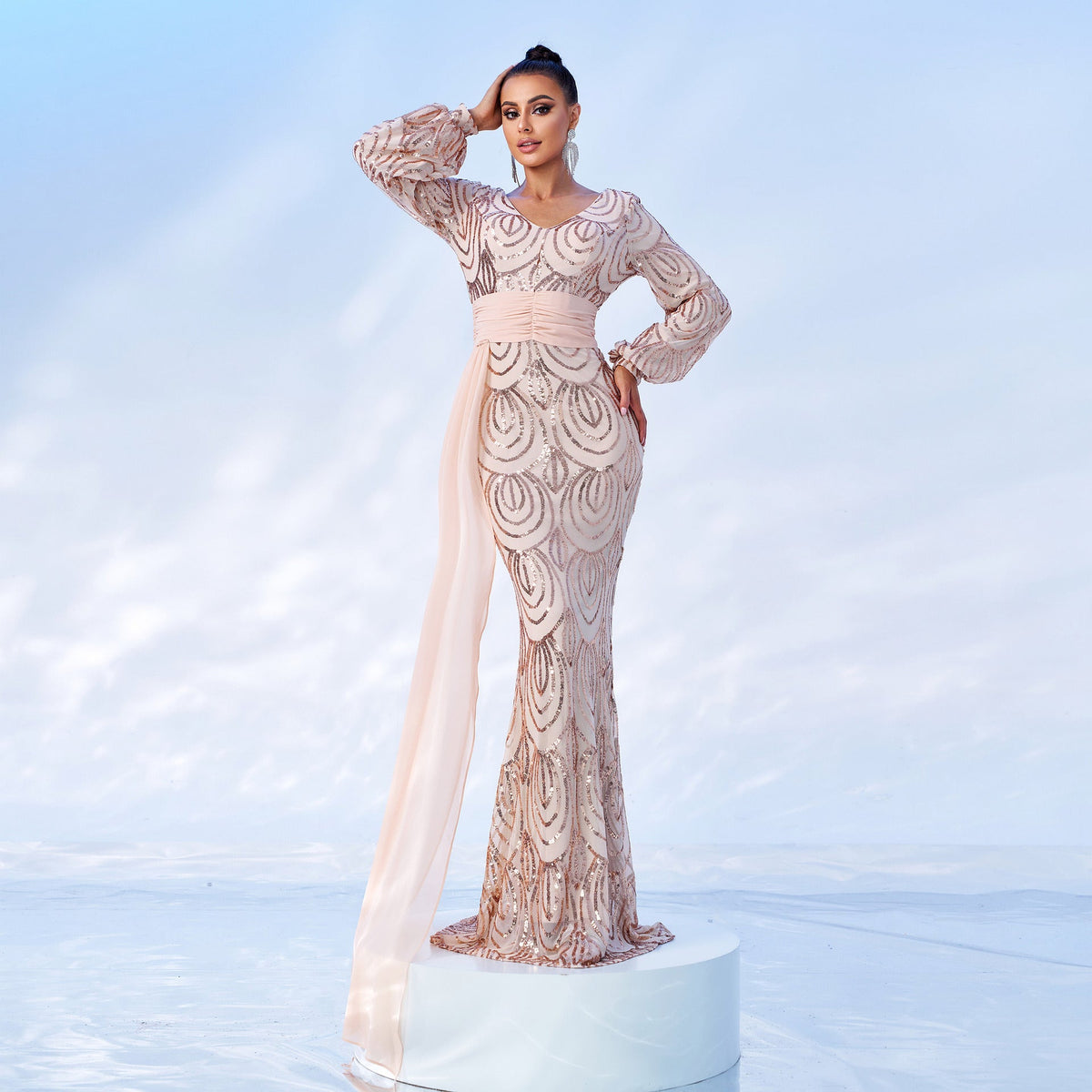 Sequin V-Neck Long Sleeve Mermaid Evening Gown - View 5