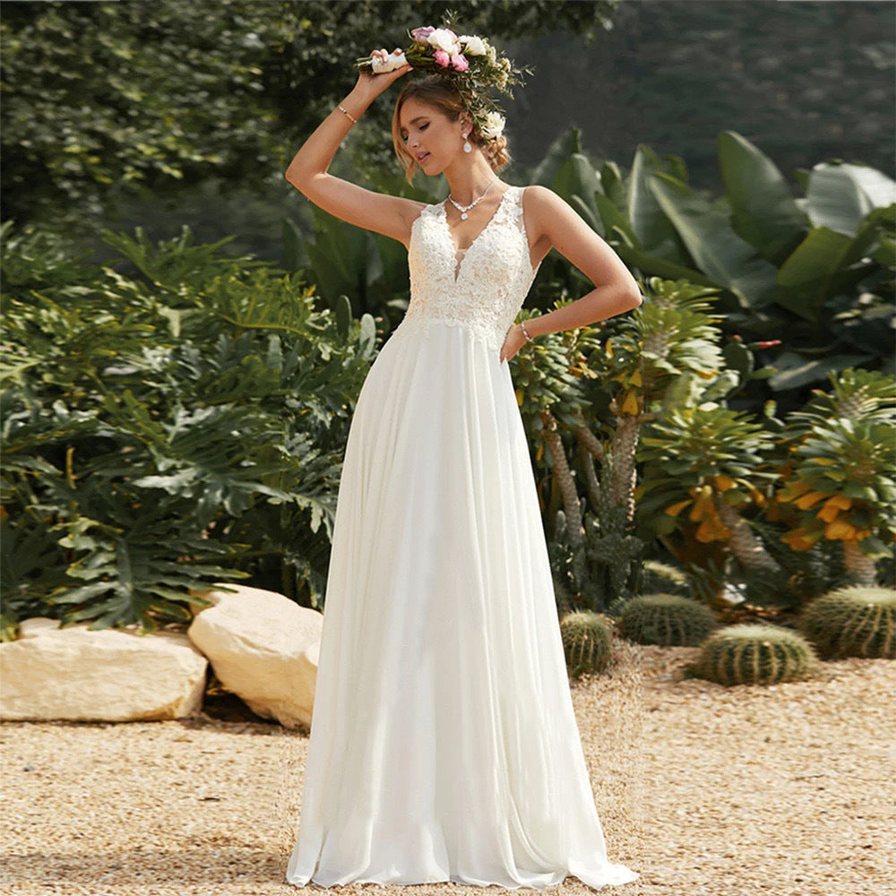 Double Strap Deep V-Neck Lace Wedding Dress