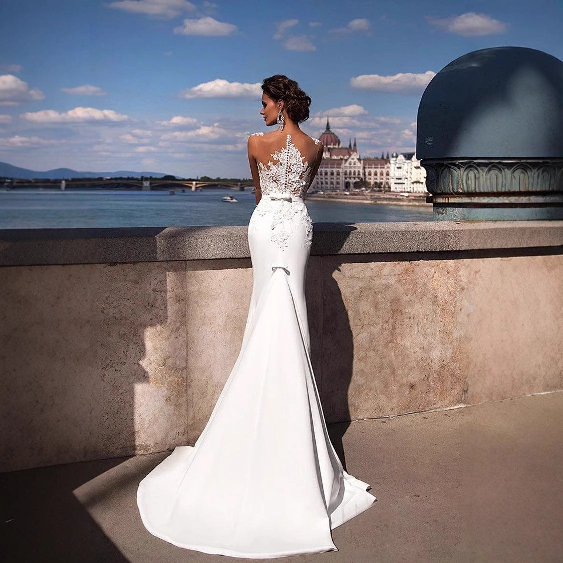 Sheer Tulle Long Train Wedding Dress