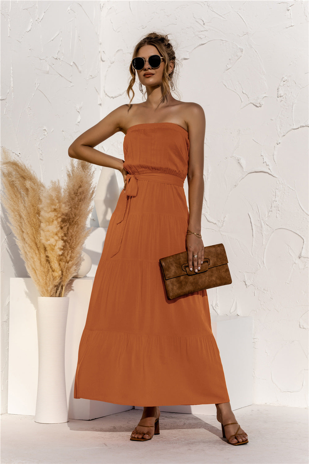 Strapless Tiered Belted Maxi Dress