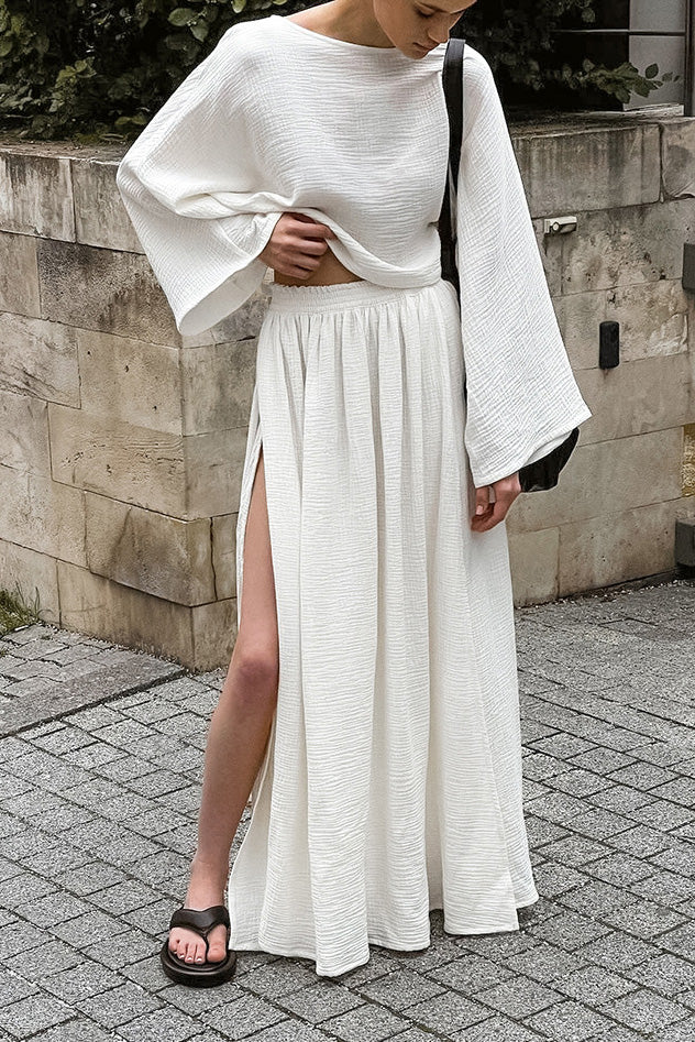 White bubble wrinkled cotton top and long skirt vacation set