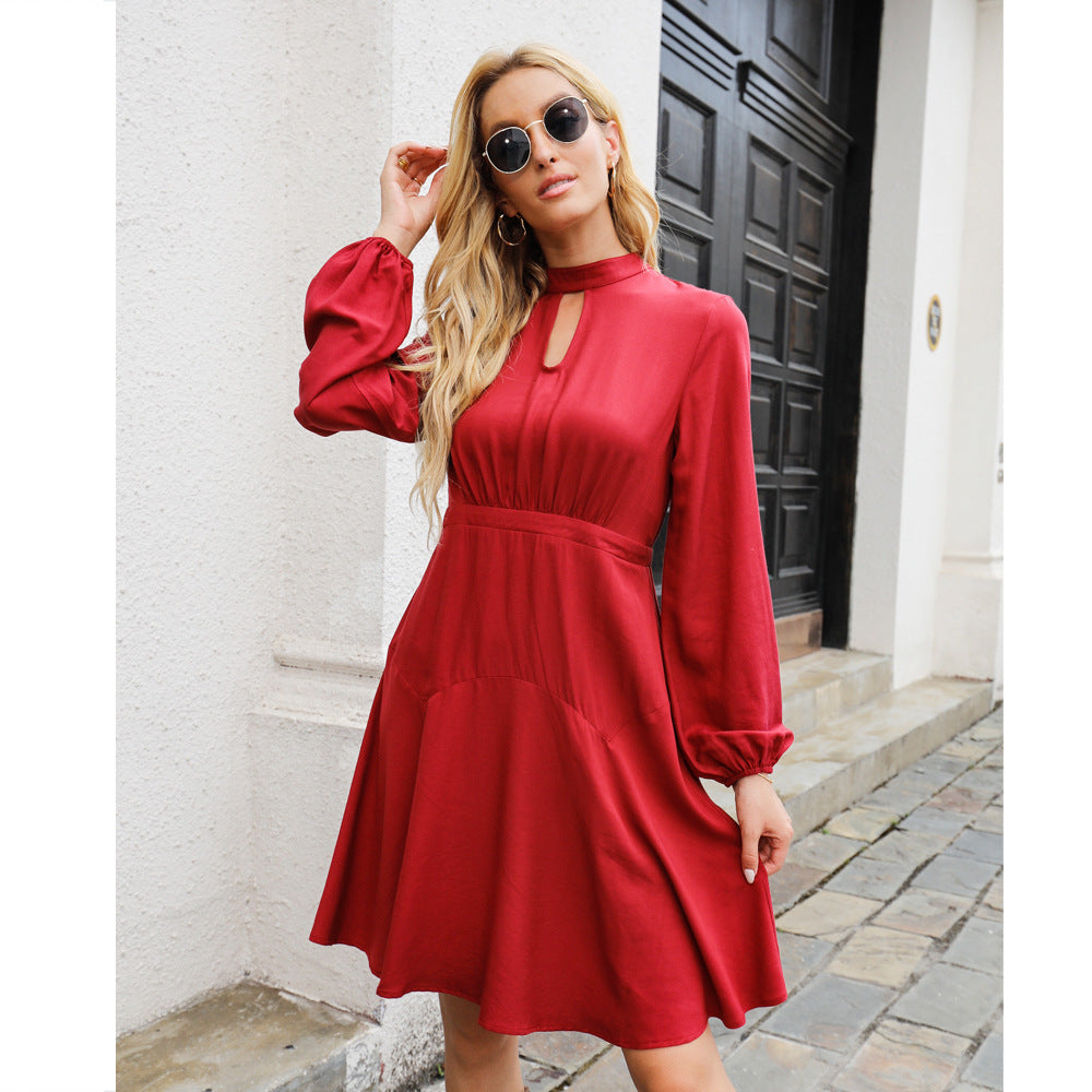 Satin High Neck Long Sleeve Keyhole A-Line Dress