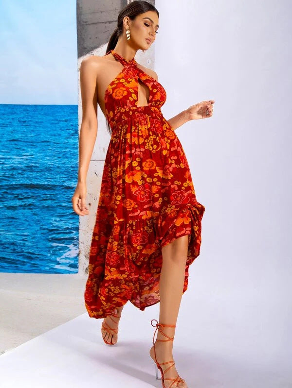 Plum Floral Backless Halter Mini Dress