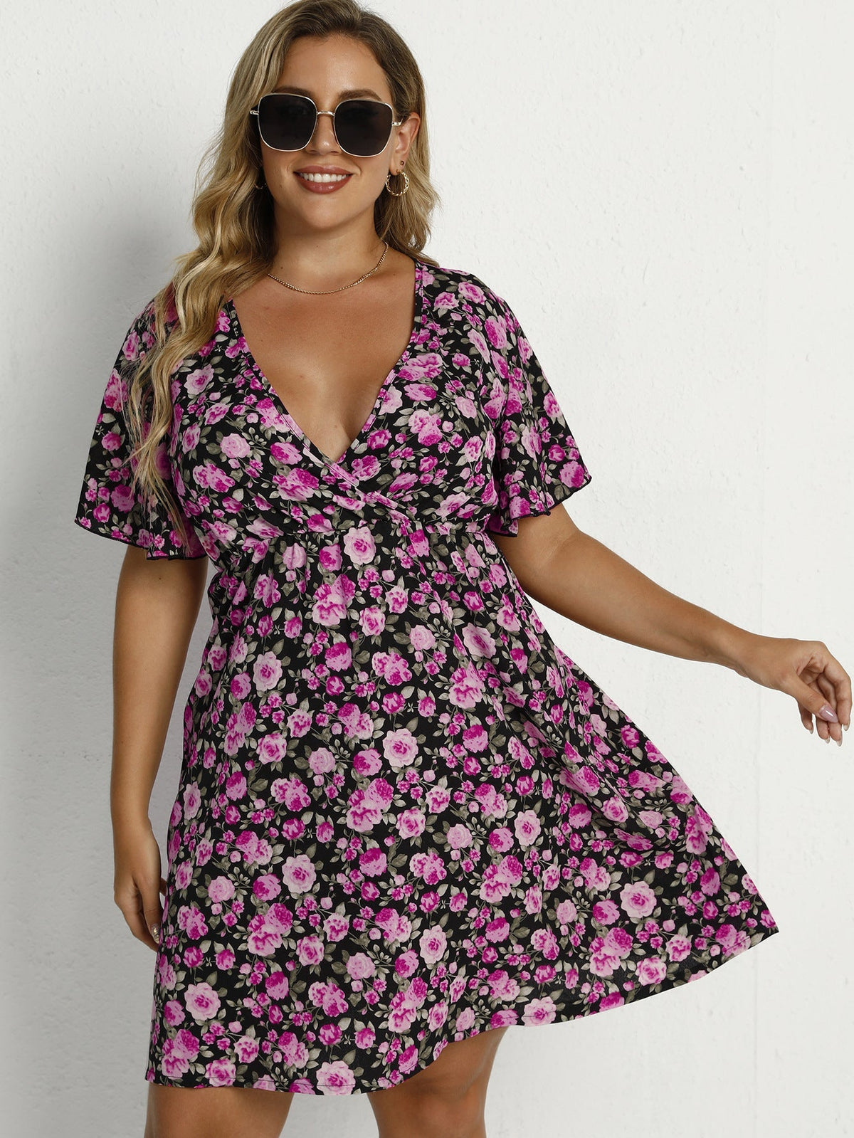 Floral Print V-Neck Flutter Sleeve Wrap Mini Dress