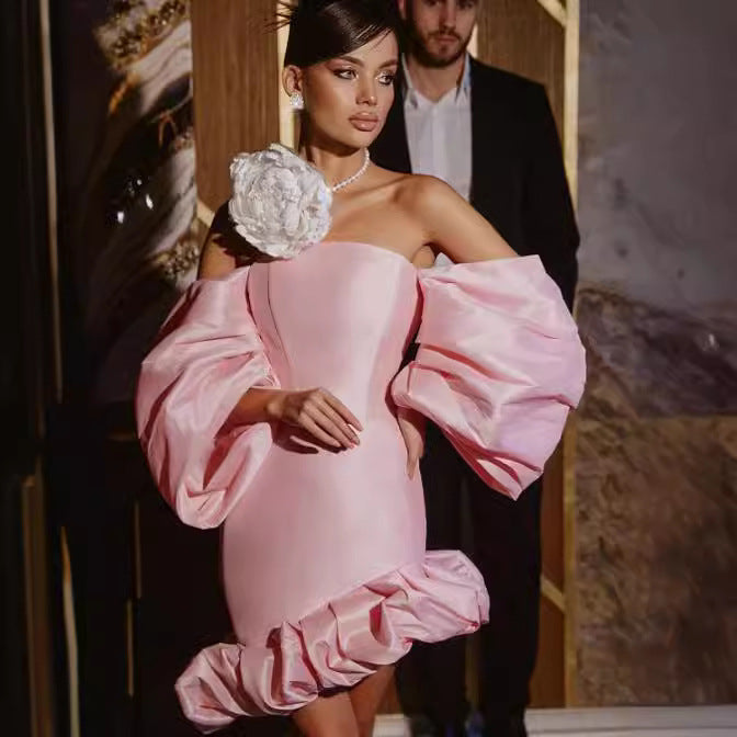Bustier High Waist Lantern Sleeve Short Prom Dress pink / XS promdress-250223