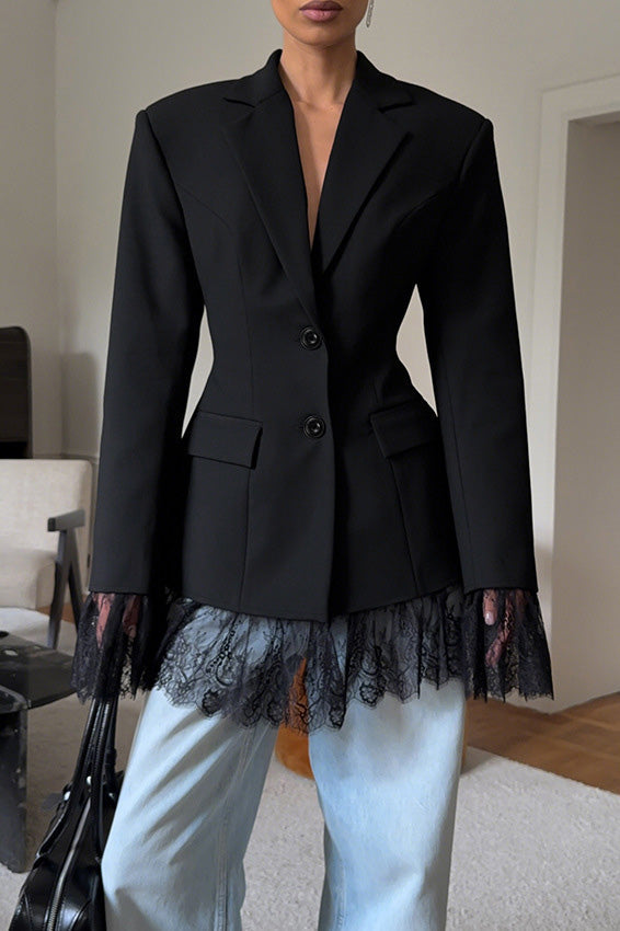 Elegant Black Long-Sleeved Lace Patchwork Coat for Women