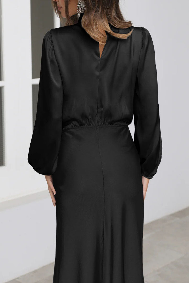 Chic Satin Long Sleeve Midi High Neck Dress - Fashionpara