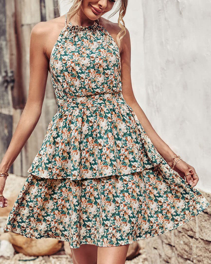 Halter Neck Backless Floral Sleeveless Dress