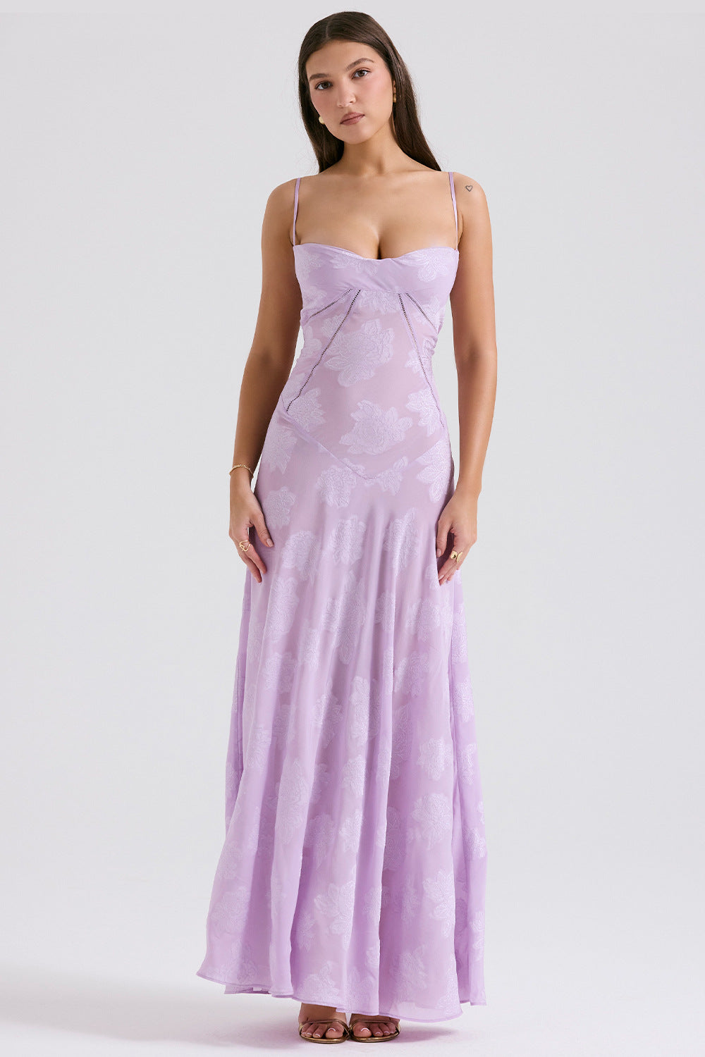 Floral Jacquard Cowl Neck Lace Up Slip Maxi Dress 5