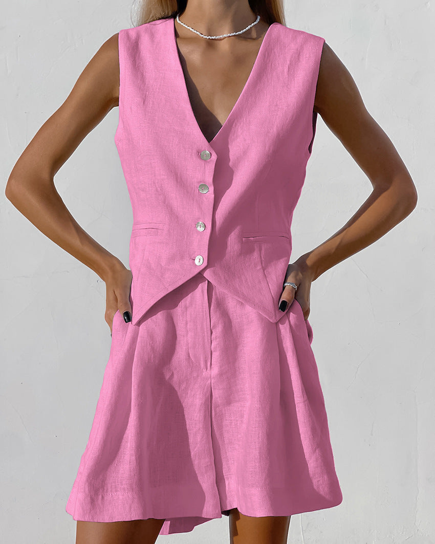 Cotton-Linen Business Casual Vest and Shorts Outfit Set