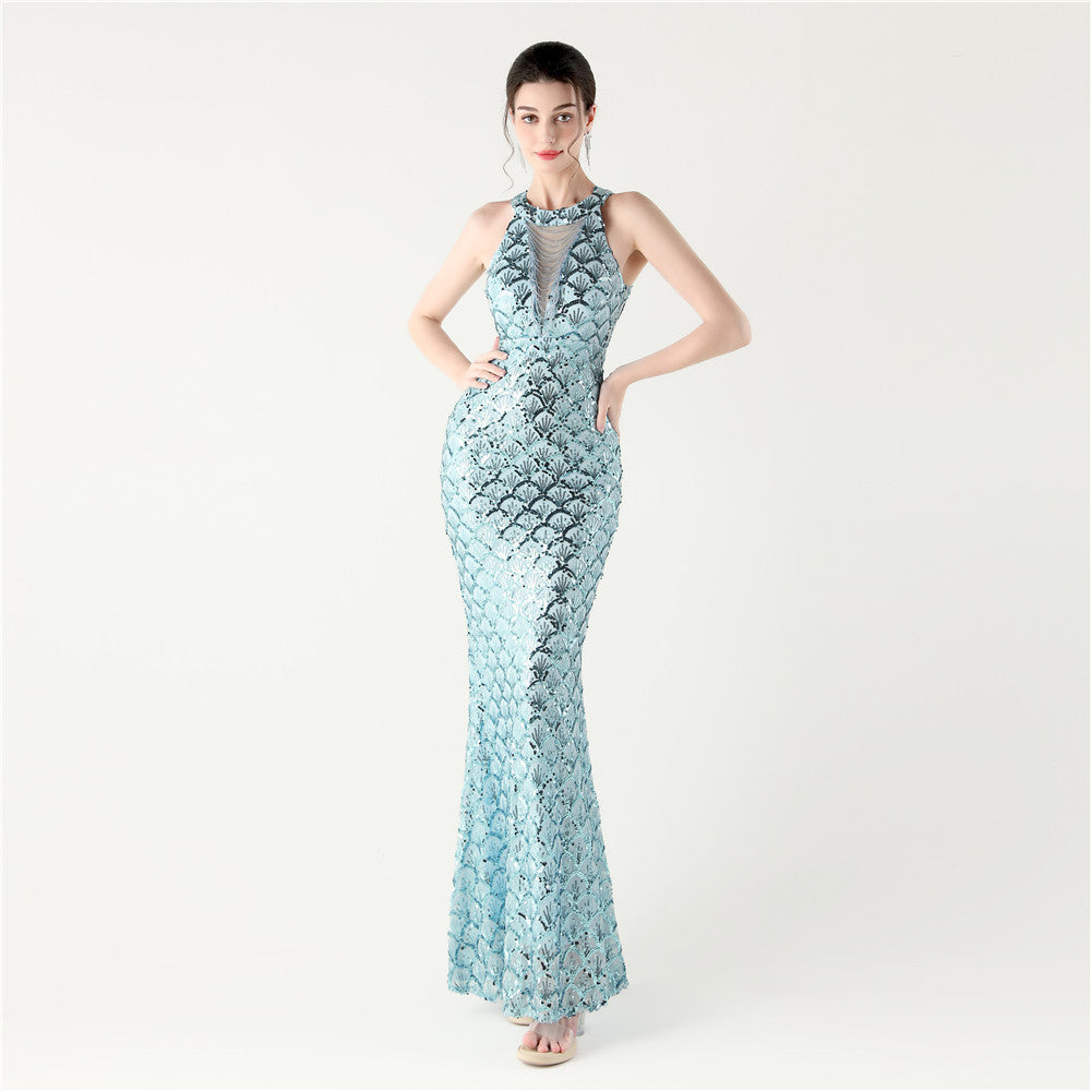 Sequin Halter Neck Backless Mermaid Maxi Evening Gown - View 3