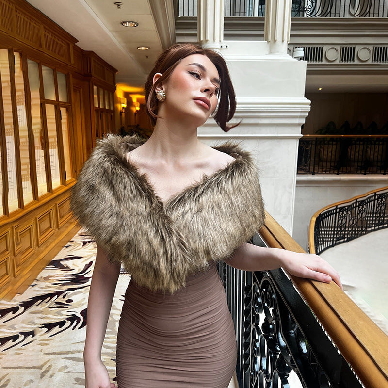 Faux-Fur Stole Off-Shoulder Ruched Bodycon Maxi Dress 4
