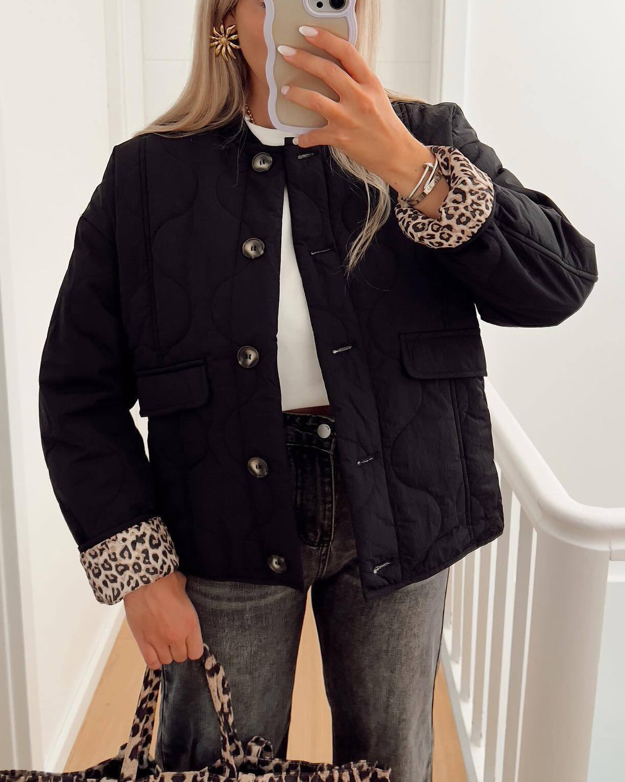 Quilted Padded Jacket with Chic Leopard Lining Design