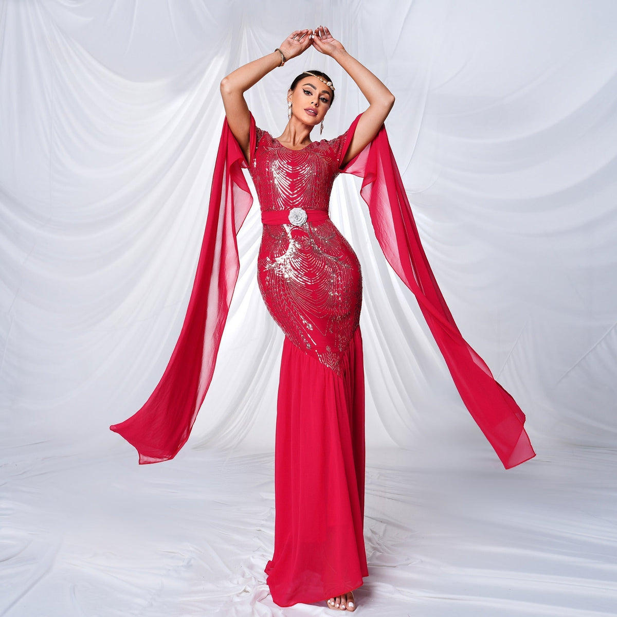 Sequin Round Neck Cape Sleeve Beaded Mermaid Evening Gown