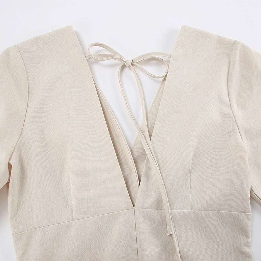 Linen V-Neck Button-Front Puff-Sleeve Midi Dress 13