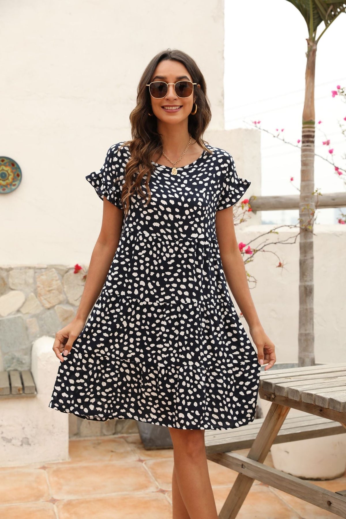 Spotted Print Flutter Sleeve Tiered Swing Dress