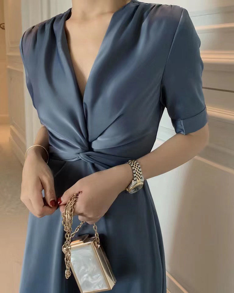 Satin V-neck Short Sleeve Midi A-line Dress - Fashionpara