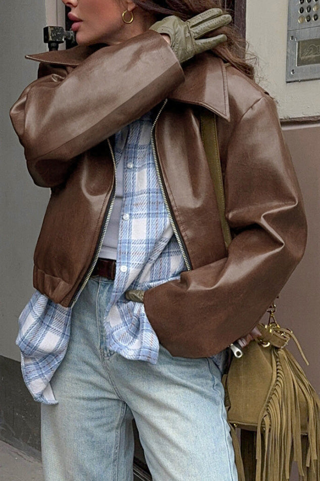 Mood Lift Cropped PU Leather Biker Jacket for Stylish Edge