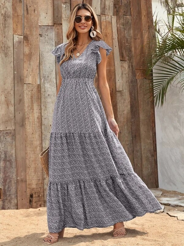 Floral Print V-Neck Flutter Sleeve Smocked Tiered Maxi Dress