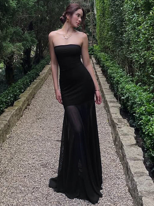 Strapless Sheer Mesh Panel Fishtail Maxi Gown