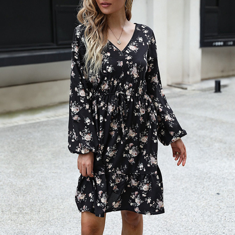 Floral Print V-Neck Long Sleeve Tiered Mini Dress