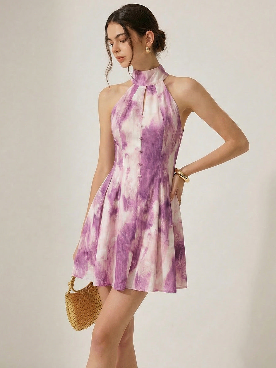 Tie Dye Print High Neck Button Front Mini Dress