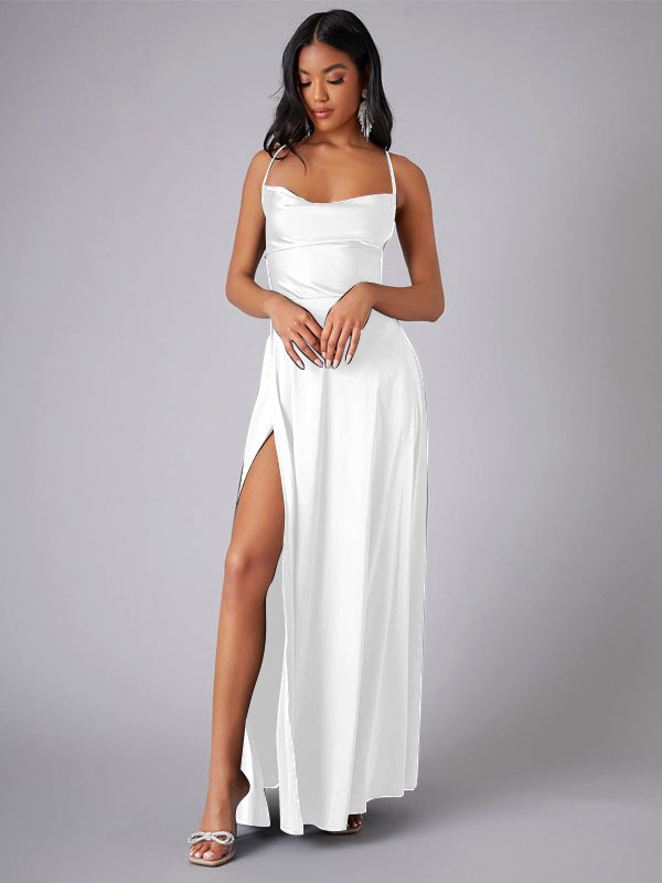 Satin Cowl Neck Spaghetti Strap High Split Maxi Formal Dress - View 11