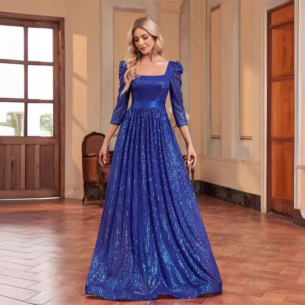 Sequin Square Neck Puff Sleeve Belted A-Line Maxi Dress