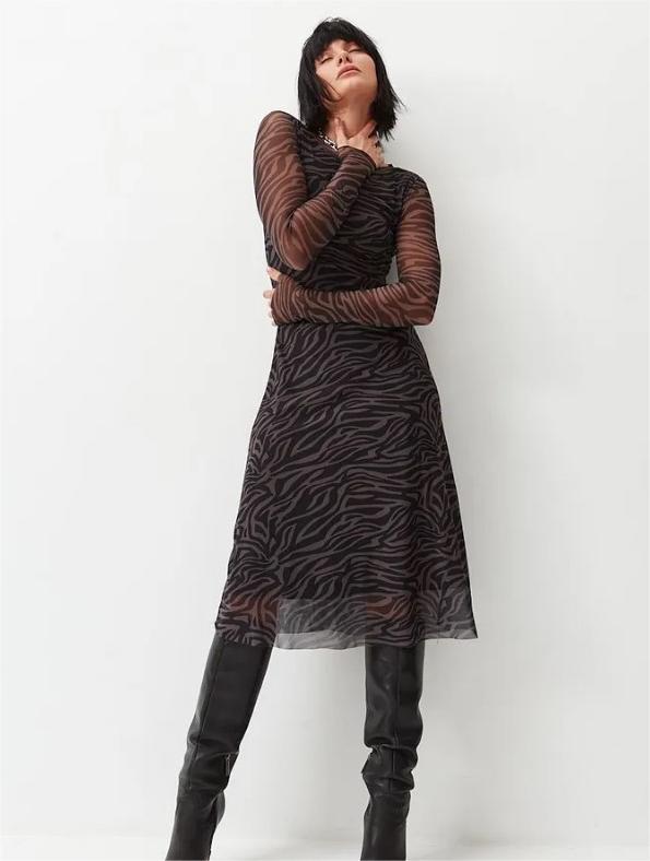 Leopard Print Mesh Long Sleeve Bodycon Midi Dress 4