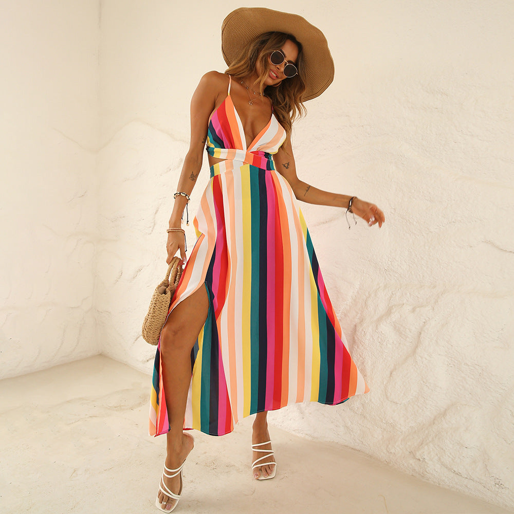 Striped Deep V Halter Neck High Slit Maxi Dress 2