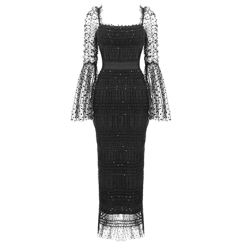 Black Flared Sleeves Slimming Long Sleeve Dot Mesh Korean Dress Dress - View 3