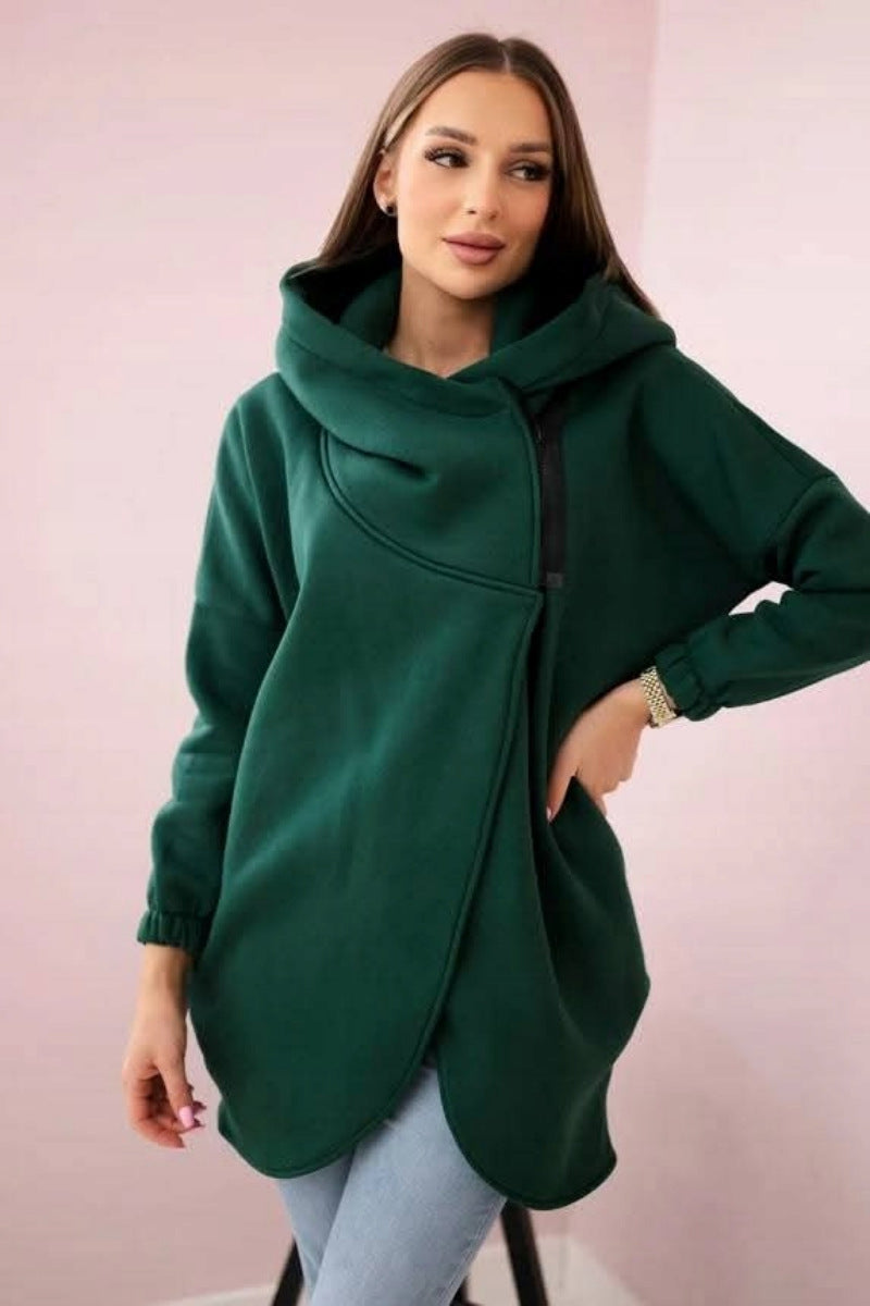 Chic Asymmetric Zip-Up Hooded Fleece Sweatshirt Coat