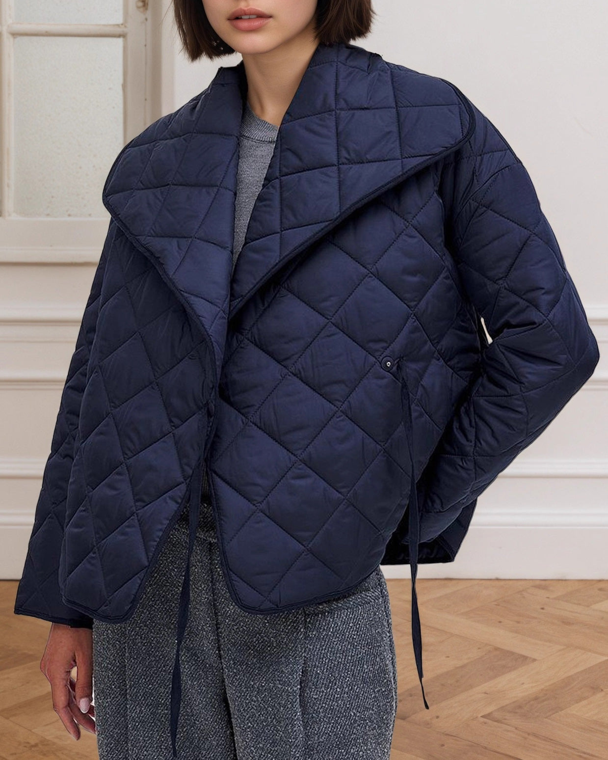 Navy Quilted Cropped Jacket with Large Lapels for Style