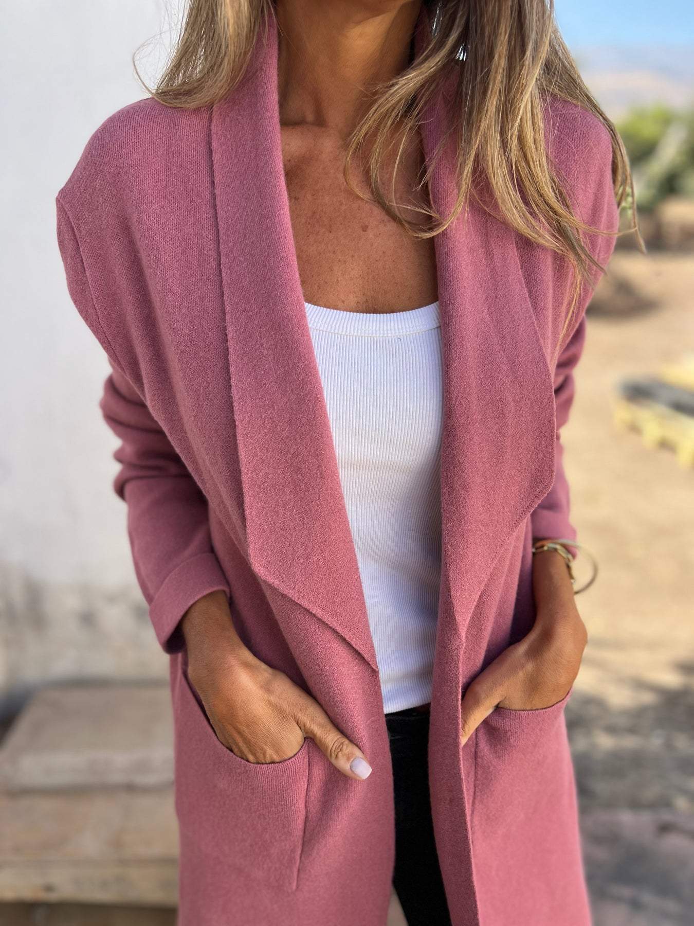 Lapel Solid Color Wool Cardigan with Long Pockets for Elegance