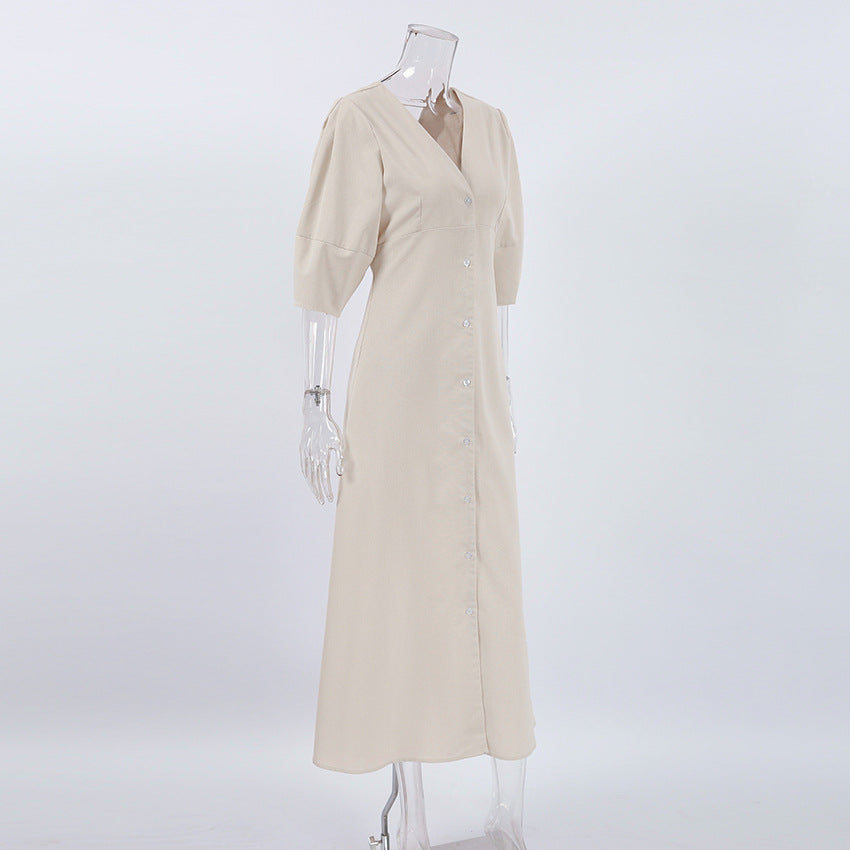 Linen V-Neck Button-Front Puff-Sleeve Midi Dress 9