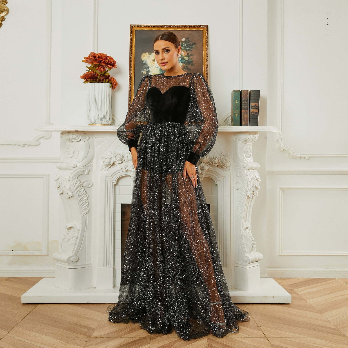 Glitter Round Neck Puff Sleeve Sheer Tulle A-Line Maxi Dress