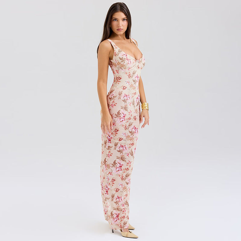Floral Print Deep V-Neck Fitted Party Dress