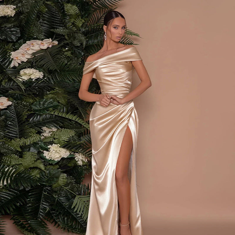 Silk Gloss Off-Shoulder Split Party Dress