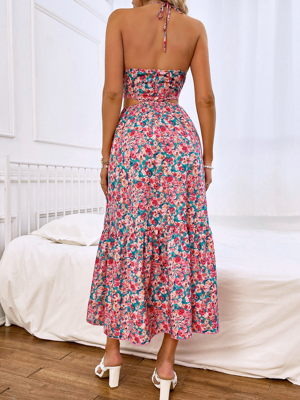 Floral Print Halter Neck Cut Out Tiered Midi Dress