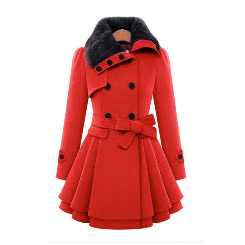 Faux Fur Collar Double Breasted Belted Skirted Coat 4
