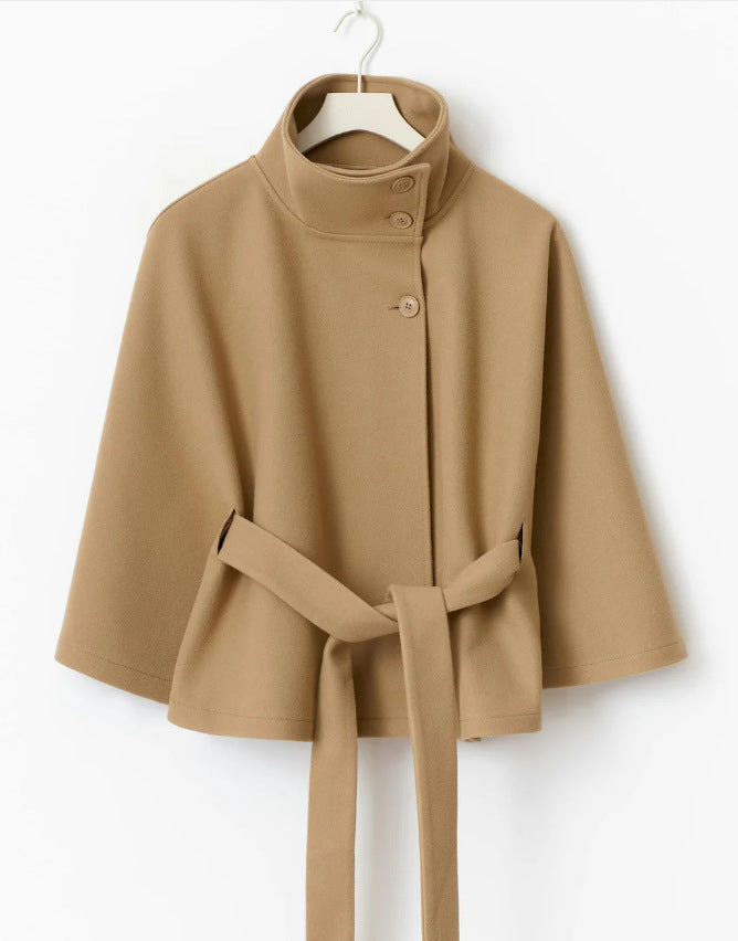 Solid Color Stand Collar Belted Cape Trench Coat for Elegance