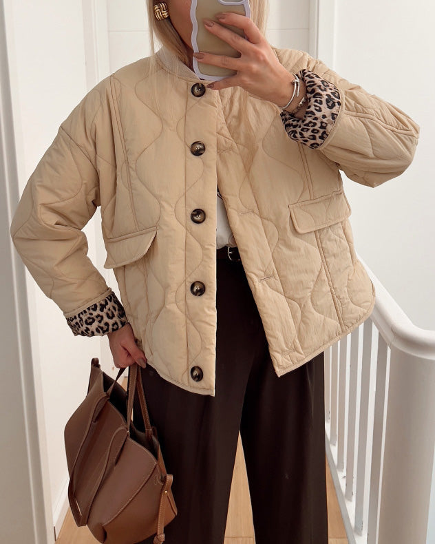 Quilted Padded Jacket with Chic Leopard Lining Design