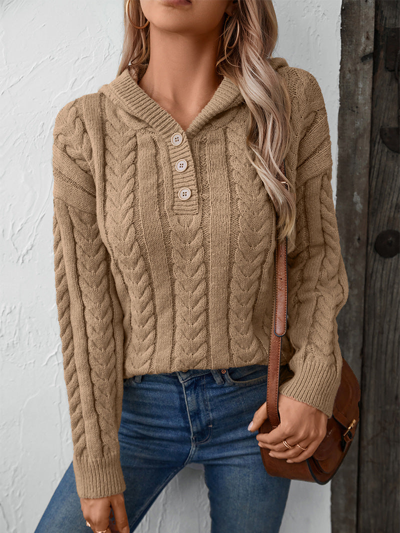 Stylish Thick Buttoned Twist Hooded Sweater for Comfort