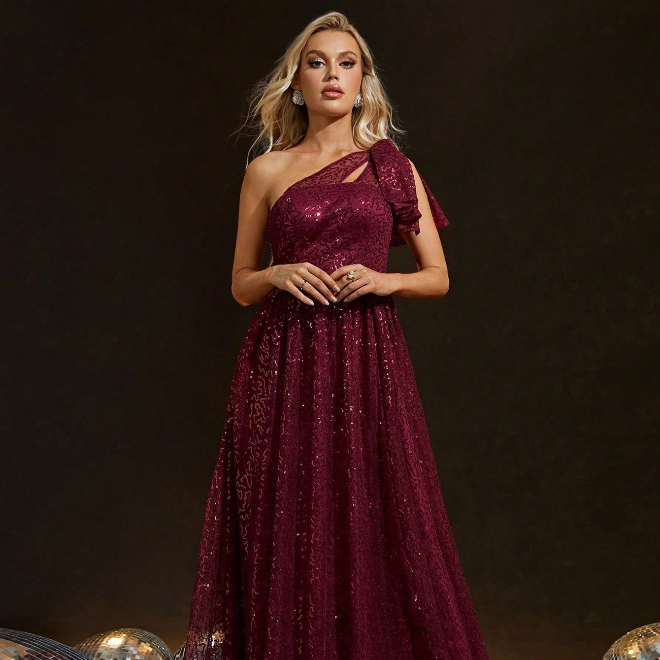 Sequined One Shoulder Evening Dress Bride Wine Red Toast Dress Adult Ceremony Party Dress Slim Fit Annual Party Evening - Fashionpara