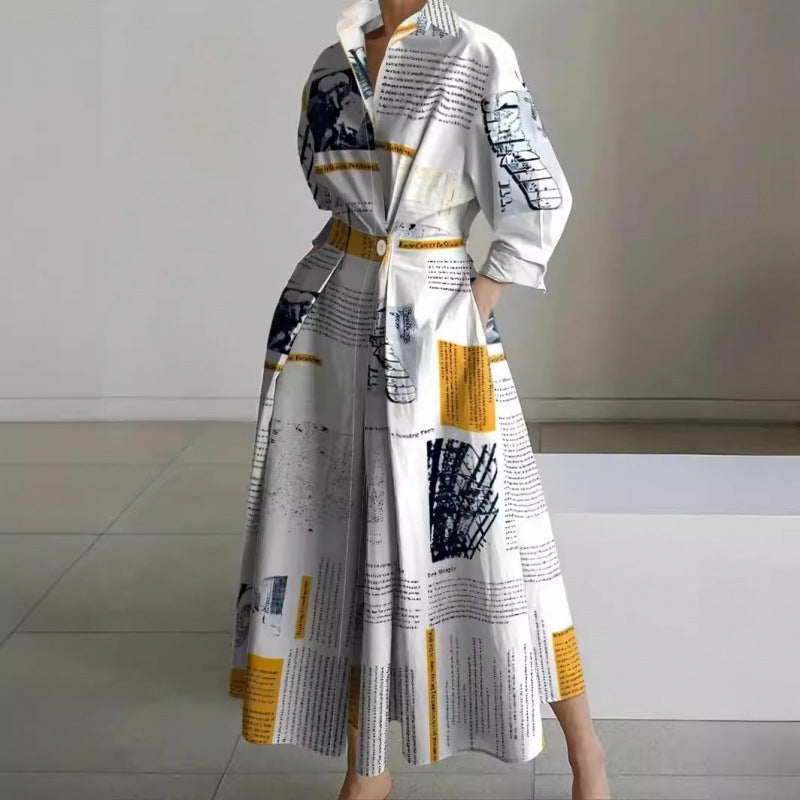 Newspaper Print Collared Long Sleeve Belted Pleated Maxi Shirt Dress 2