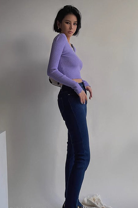 Rib-Knit Cut Out Sweater with Elegant Ruffle Trim