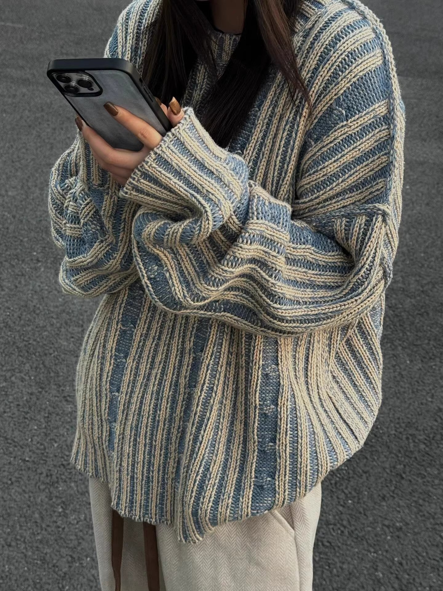 Cozy Retro Striped Loose Sweater for Effortless Style