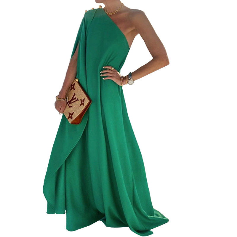 One Shoulder Cape Sleeve Draped Flowy Maxi Dress